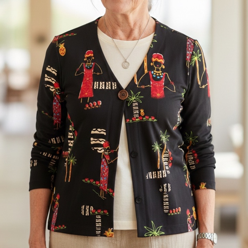 Chicos Travelers Size 3 Cardigan Womens XL Black Slinky Ethnic African Graphic